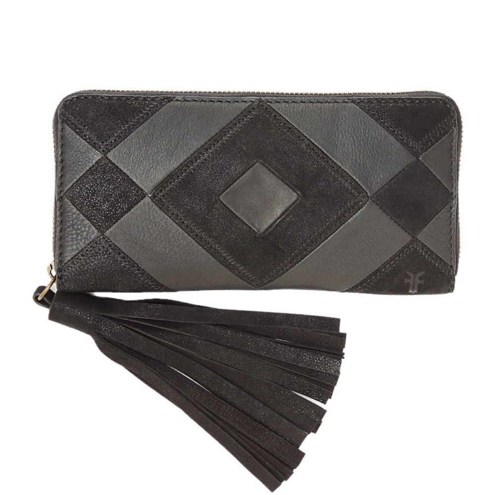 NWT Frye Miren Patchwork Black Leather Zip Wallet Continental Long Wallet